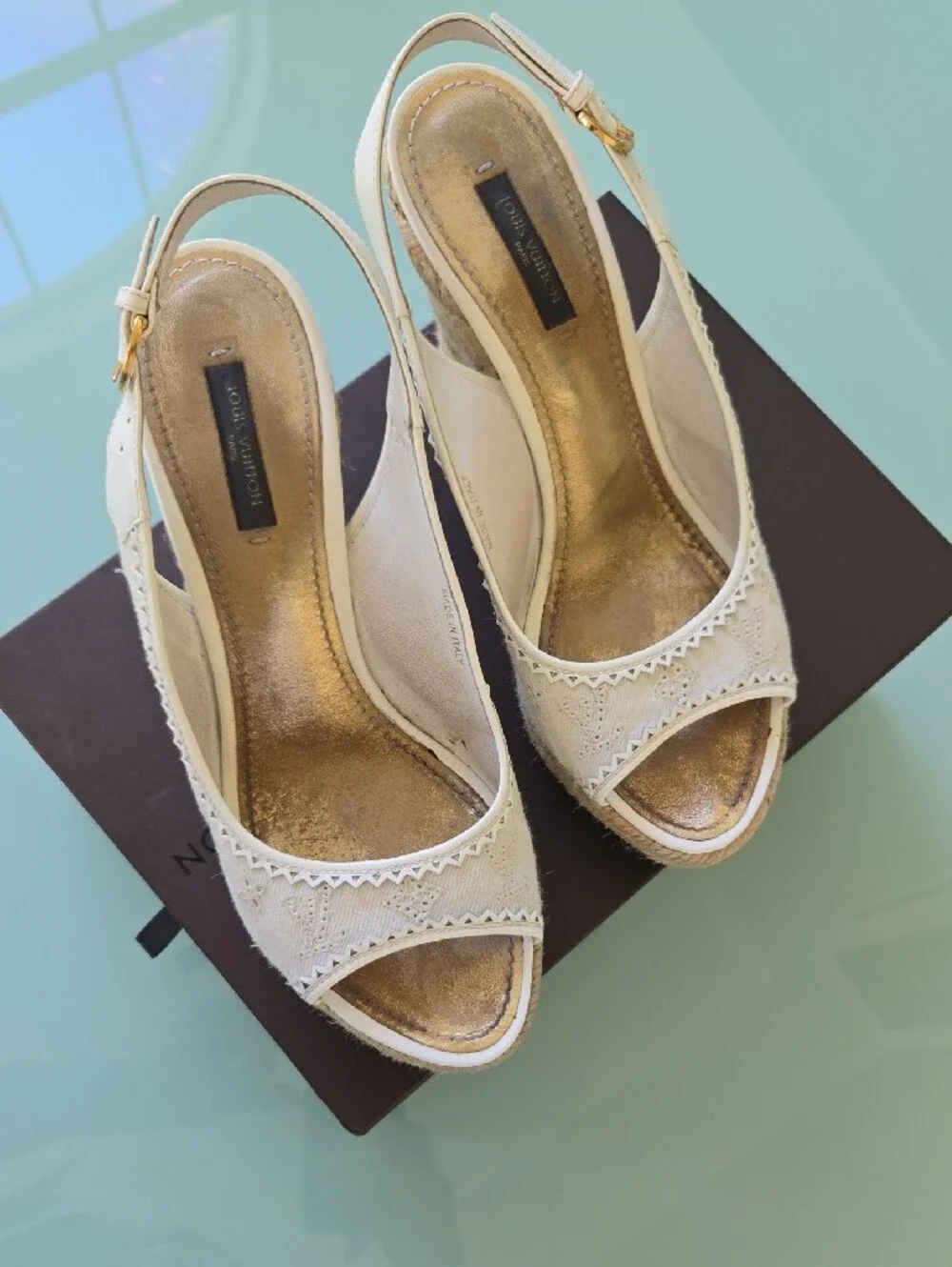 Louis Vuitton Cream Lace Slingback Espadrille Wedges with Gold Insole